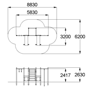 План-схема: 006453 - Комплекс из 3 турников, 2 скамеек для пресса, шведской стенки, каната и колец