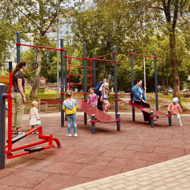 006453 - Комплекс из 3 турников, 2 скамеек для пресса, шведской стенки, каната и колец - фото пример 1