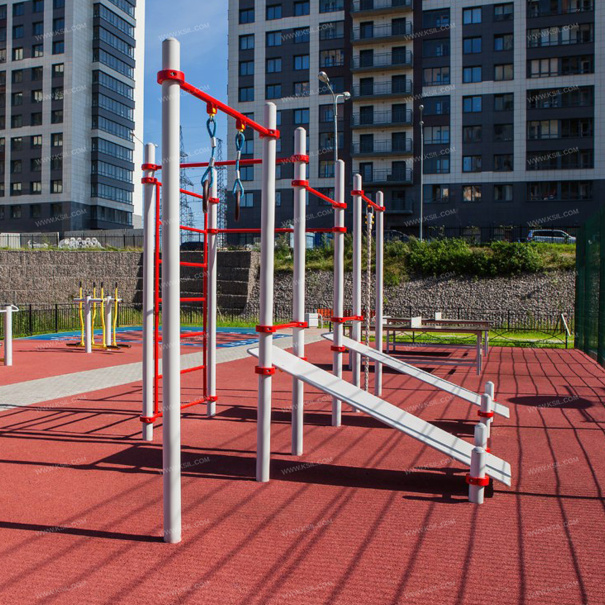 006453 - Комплекс из 3 турников, 2 скамеек для пресса, шведской стенки, каната и колец - фото пример 3