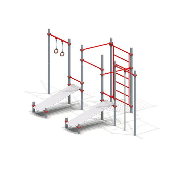 006453 - Комплекс из 3 турников, 2 скамеек для пресса, шведской стенки, каната и колец - детальное фото