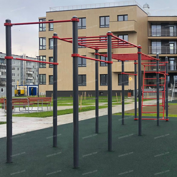 006463 - Рукоход двойной двухуровневый, 5 турников и наклонная шведская стенка - фото пример 1